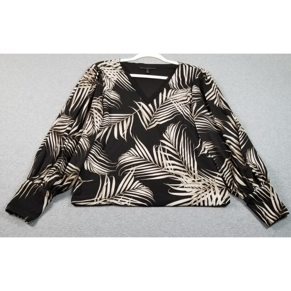 White House Black Market Blouse Women's M Medium Black White Palm V-Neck Top